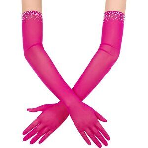 Women's Sexy Pearl Dark Rose Beaded Long Gloves Tulle Mesh Wedding Party Prom